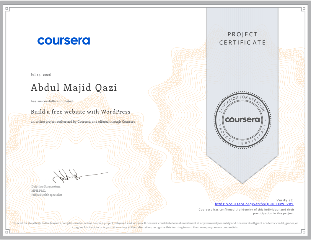 Coursera Build a Free Website with WordPress Certificate