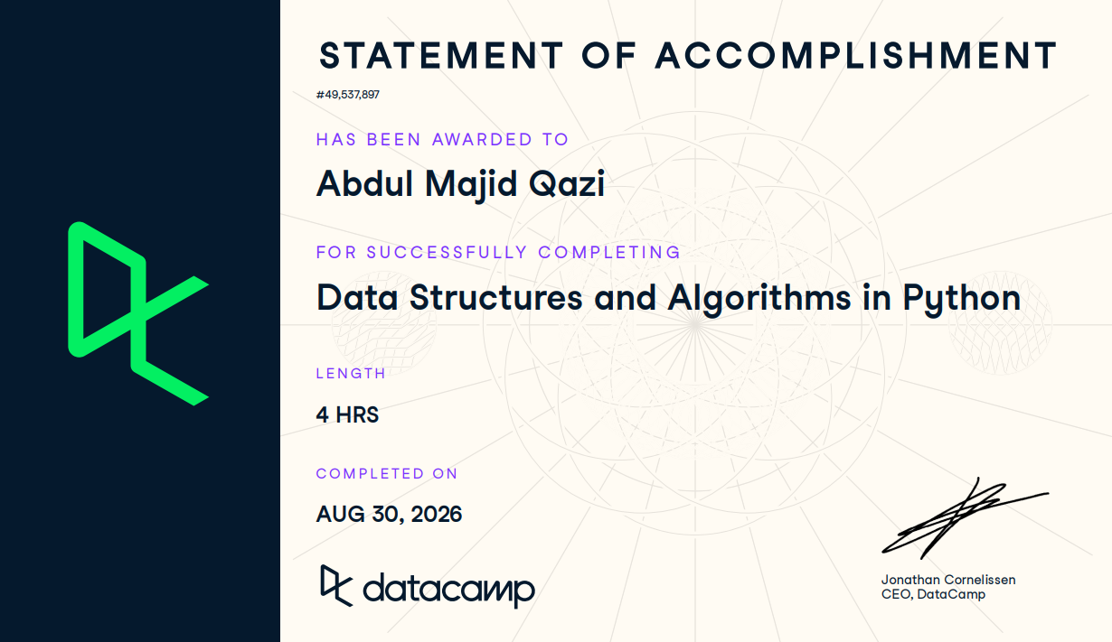 Data Structures and Algorithms in Python DataCamp Statement of Accomplishment