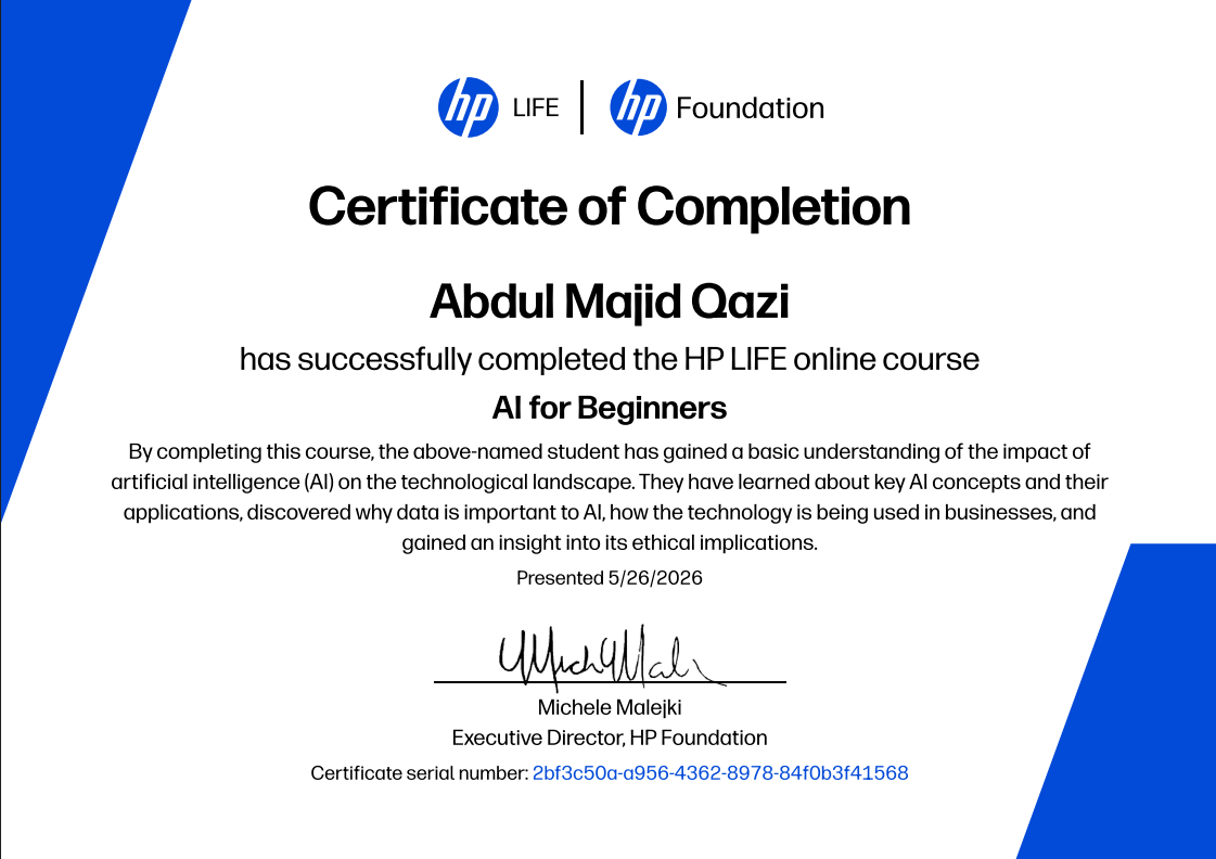 HP LIFE AI for Beginners Certificate