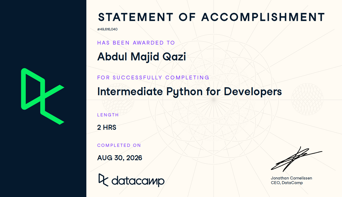 Intermediate Python for Developers DataCamp Statement of Accomplishment