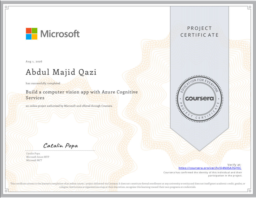 Microsoft build a computer vision app with Azure Cognitive Services Certificate